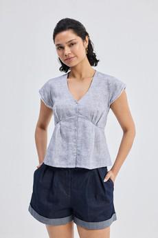 Deep V-neck short top in  Linen Stripes via Reistor