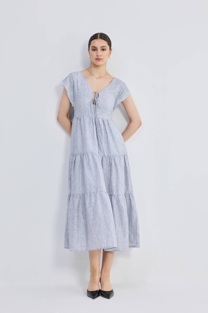 Maxi Tired Dress with Front-ties in Linen Stripes from Reistor