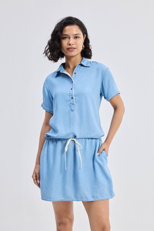 Drawstring Denim Shirt Dress with Front Buttons in Blue from Reistor