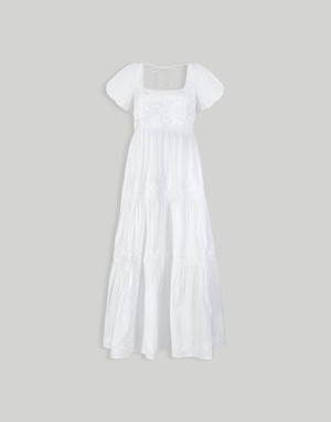 Puff Sleeve Embroidered Tiered Dress in White from Reistor