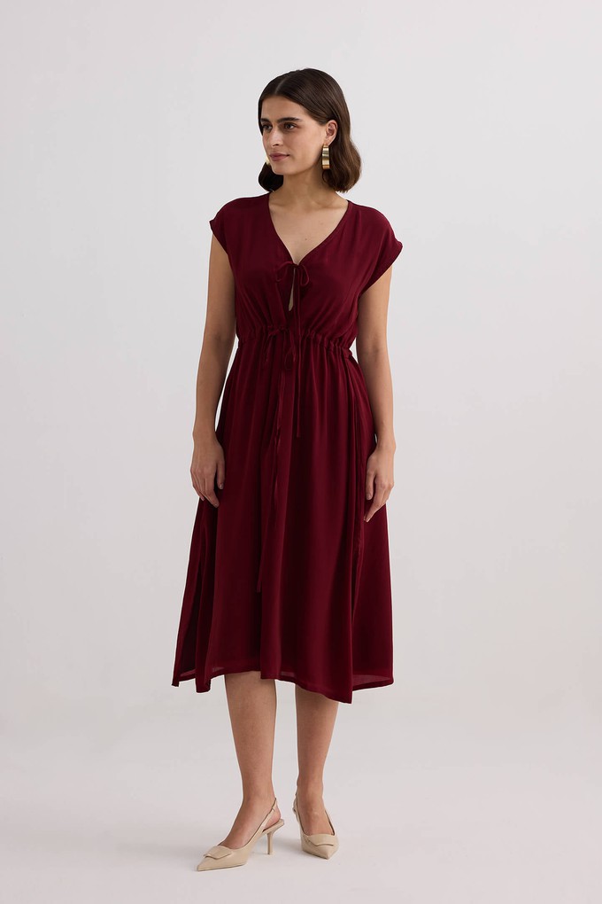 Deep V-neck Gathered Dress in Burgundy from Reistor