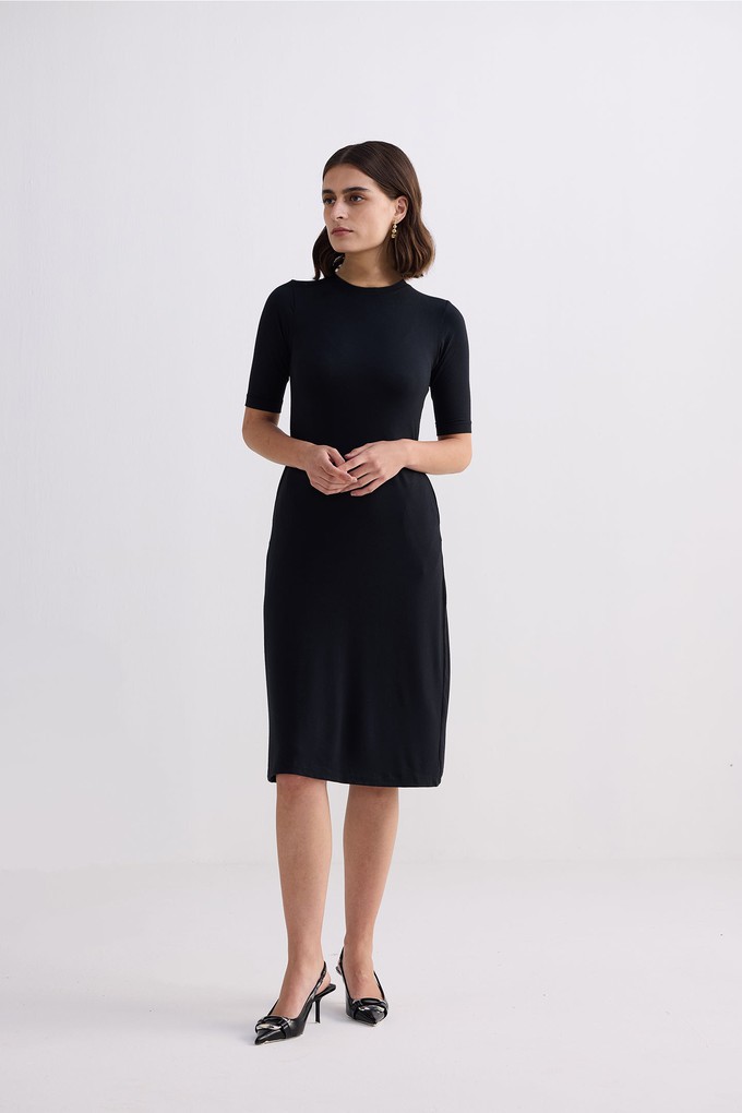 High Crew Neck Elbow Sleeves Fitted Dress in Black from Reistor