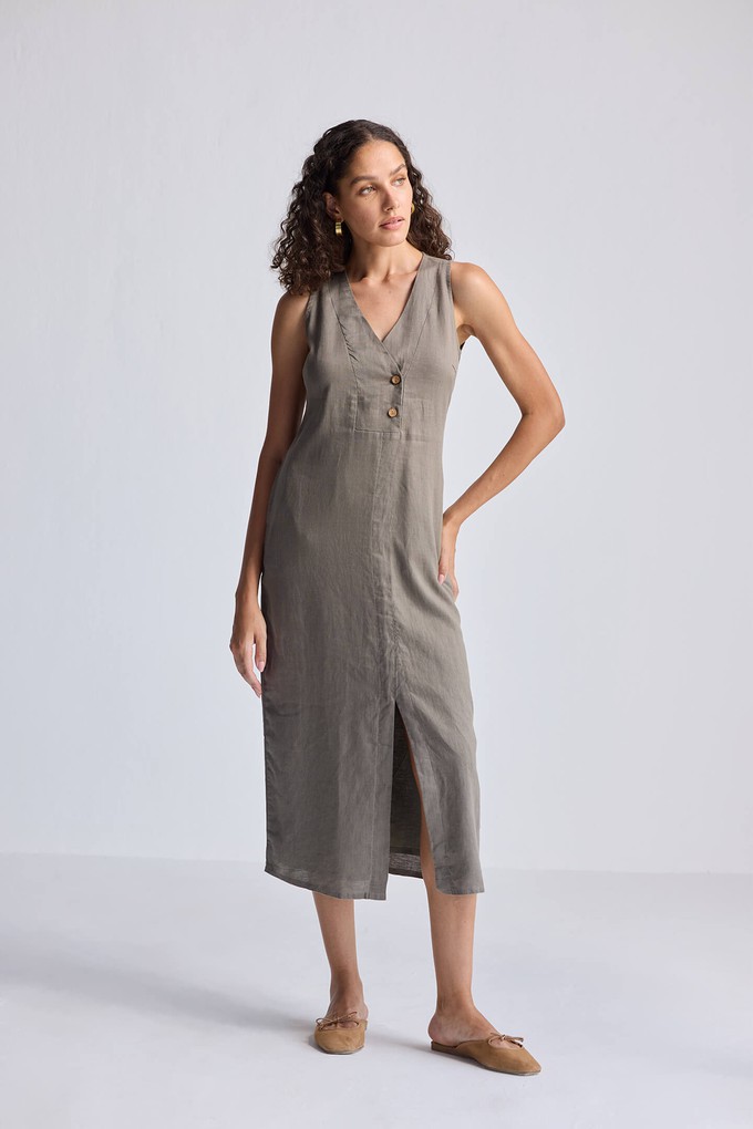 Straight Dress with Front Slit in Dark Green Hemp from Reistor