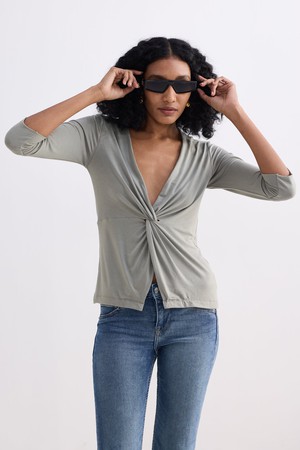 Twist Front Knit Shirt in Light Olive from Reistor