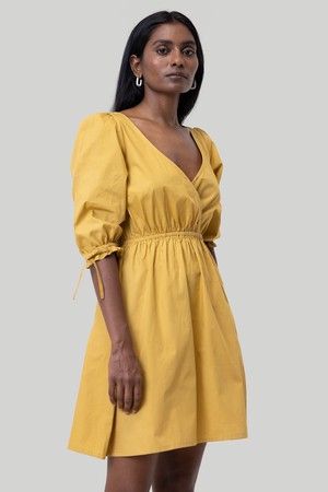 Gathered Elbow Sleeve Short Dress in Mustard from Reistor