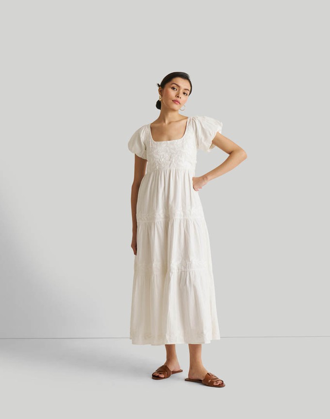 Puff Sleeve Embroidered Tiered Dress in White from Reistor