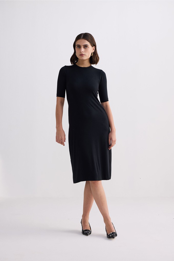 High Crew Neck Elbow Sleeves Fitted Dress in Black from Reistor