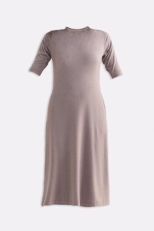 High Crew Neck Elbow Sleeves Fitted Dress in Dusty Brown from Reistor