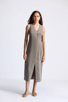 Straight Dress with Front Slit in Dark Green Hemp via Reistor