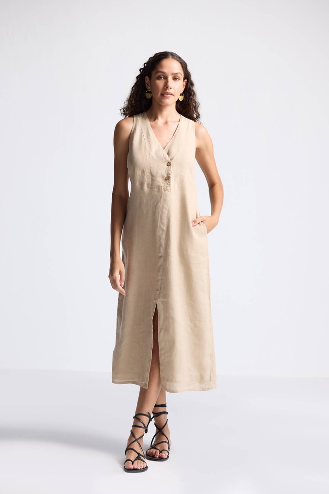 Straight Dress with Front Slit in Neutral Beige Hemp from Reistor