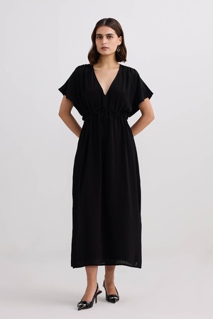 V-neck Gathered Maxi Dress in Black from Reistor