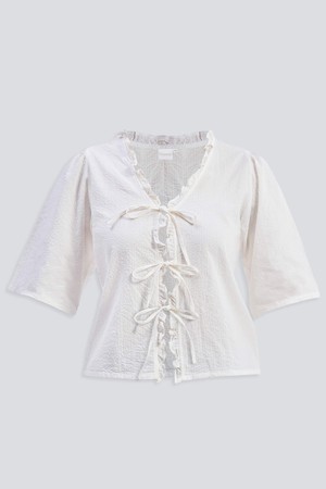 Relaxed Fit Top With Ruffles and Front-Ties in White from Reistor