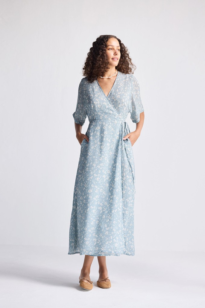 Maxi Wrap Dress in Light Blue Florals from Reistor