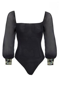 Black Mesh Bodysuit Long Sleeve via Sarvin