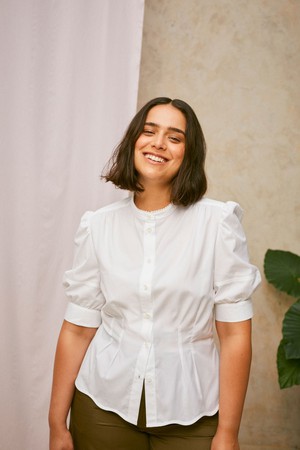 Joni Puff Sleeve Blouse, White Cotton Bamboo from Saywood.