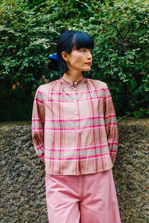 Limited Edition Marie Gather Neck A-Line Blouse, Pink Check Deadstock Cloth from Saywood.