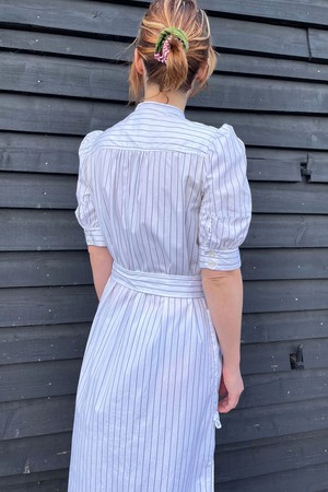 Rosa Puff Sleeve Shirtdress, White Cotton Pinstripe from Saywood.