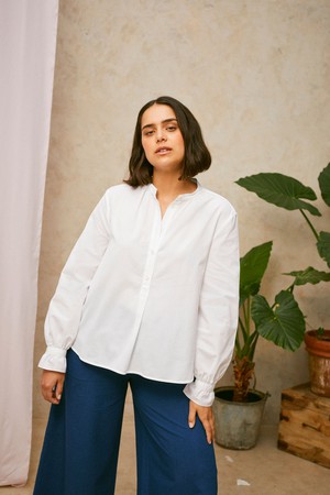 Marie Gather Neck A-Line Blouse, White Recycled Cotton from Saywood.