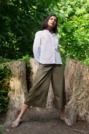 Amelia Wide Leg Culotte Trouser, Khaki Deadstock Cotton from Saywood.