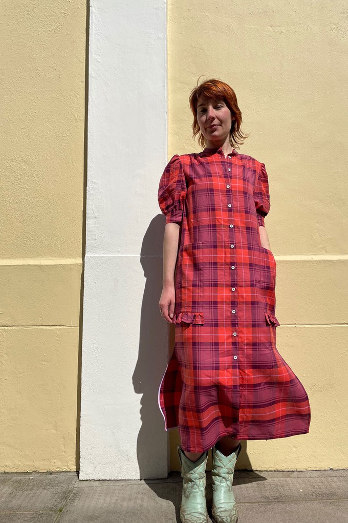 Rosa Puff Sleeve Shirtdress, Pink Coral Tartan Check from Saywood.