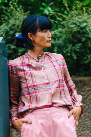 Limited Edition Marie Gather Neck A-Line Blouse, Pink Check Deadstock Cloth from Saywood.