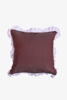 Ruffle Cushion, Zero Waste, Red Check / Lilac via Saywood.