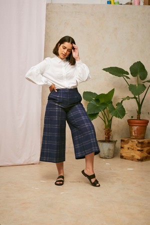 Amelia Wide Leg Culotte Trousers, Navy Check Deadstock Cotton from Saywood.