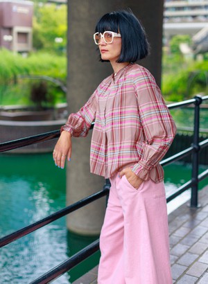 Limited Edition Marie Gather Neck A-Line Blouse, Pink Check Deadstock Cloth from Saywood.