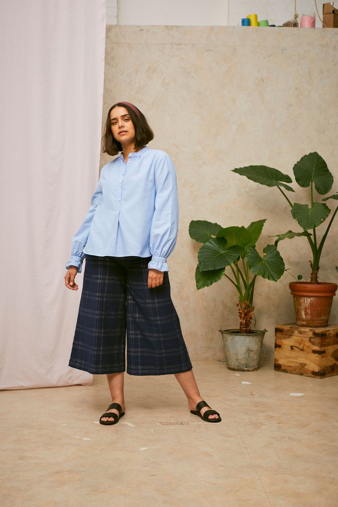 Amelia Wide Leg Culotte Trousers, Navy Check Deadstock Cotton from Saywood.