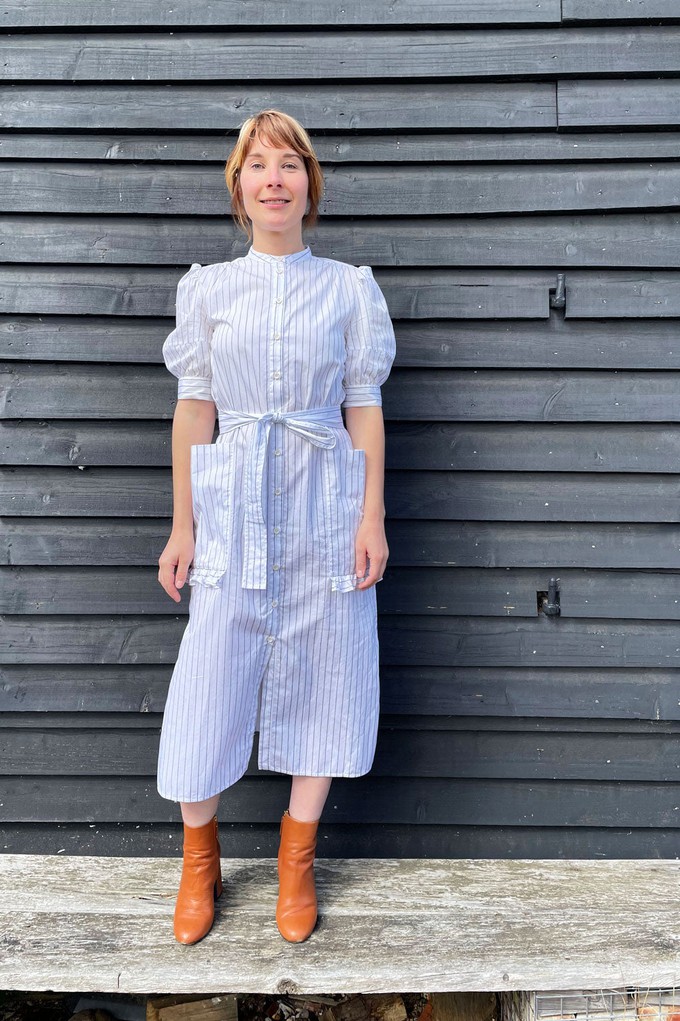 Rosa Puff Sleeve Shirtdress, White Cotton Pinstripe from Saywood.