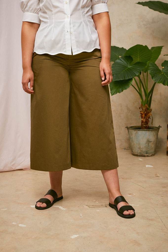 Amelia Wide Leg Culotte Trouser, Khaki Deadstock Cotton from Saywood.