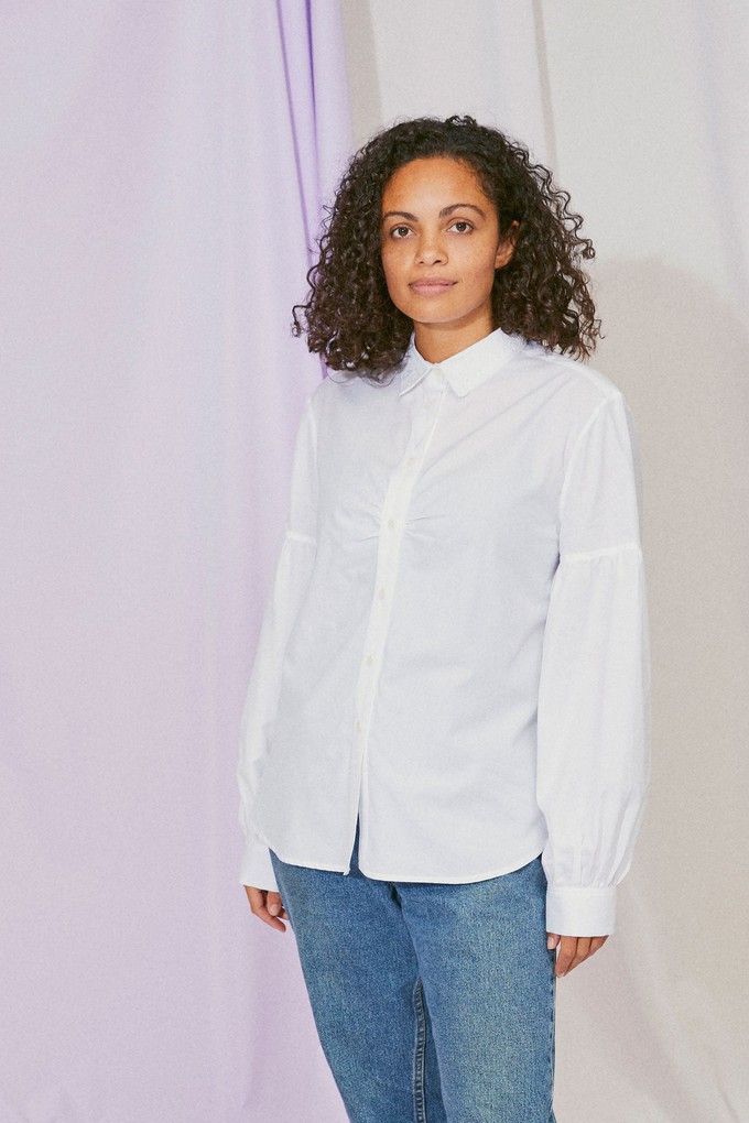 Edi Volume Sleeve Shirt, White Cotton Bamboo from Saywood.