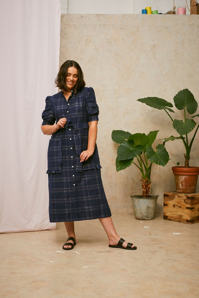 Rosa Puff Sleeve Shirtdress, Navy Check Deadstock Cotton from Saywood.