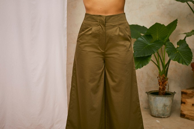 Amelia Wide Leg Culotte Trouser, Khaki Deadstock Cotton from Saywood.