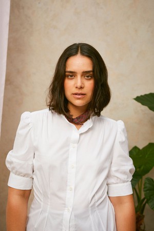 Joni Puff Sleeve Blouse, White Cotton Bamboo from Saywood.