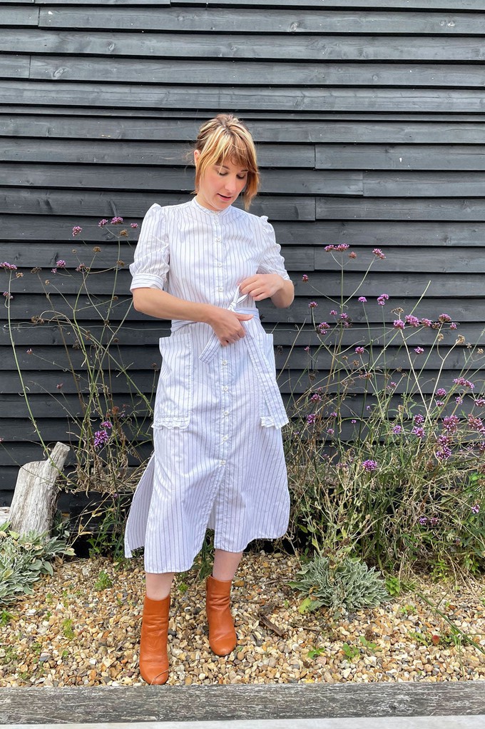 Rosa Puff Sleeve Shirtdress, White Cotton Pinstripe from Saywood.