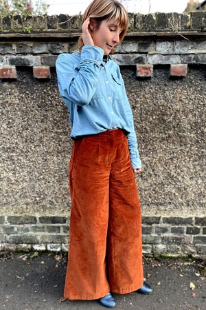 Amelia Full Length Wide Leg Trouser in Caramel Organic Cotton Corduroy from Saywood.