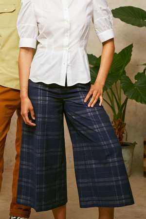 Amelia Wide Leg Culotte Trousers, Navy Check Deadstock Cotton from Saywood.