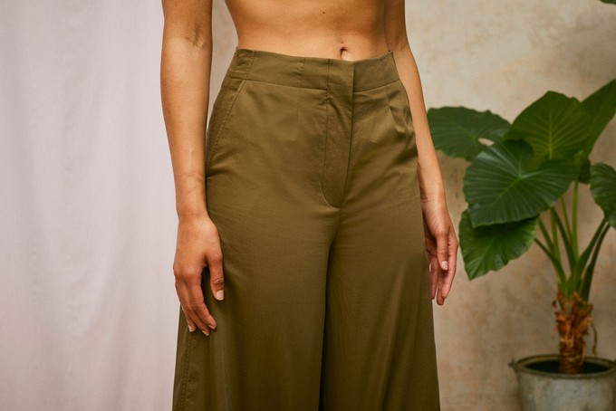 Amelia Wide Leg Culotte Trouser, Khaki Deadstock Cotton from Saywood.