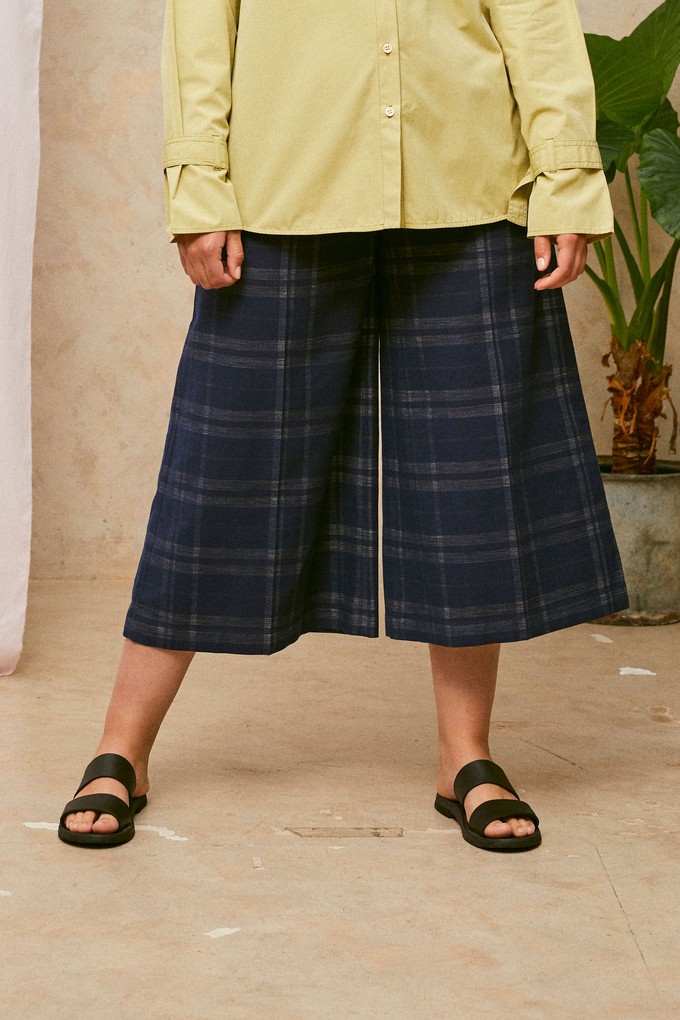 Amelia Wide Leg Culotte Trousers, Navy Check Deadstock Cotton from Saywood.