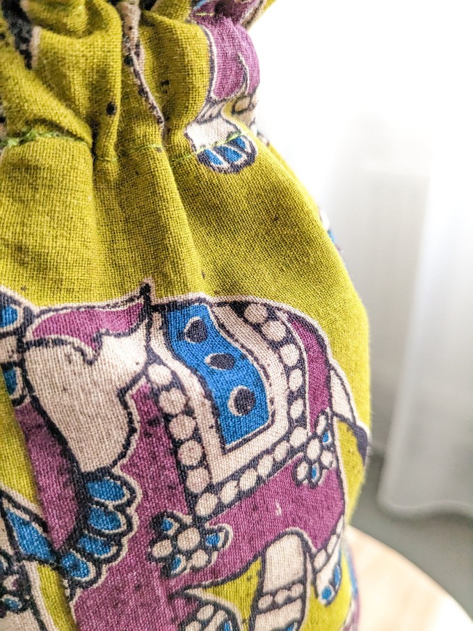 Reusable Kalamkari Cotton Pouch, Bottle Gift Bag, Lime Green from Shakti.ism