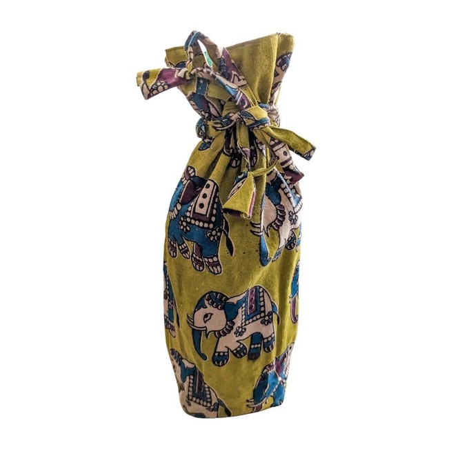 Reusable Kalamkari Cotton Pouch, Bottle Gift Bag, Lime Green from Shakti.ism