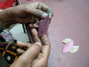 Handcrafted reclaimed sari earrings, copper leaf earrings from Shakti.ism