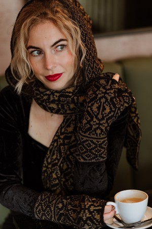 Vittoria Luxurious Scarf in Double Knit Velvet & Merino Blend - Black/Antique Golden from STUDIO MYR