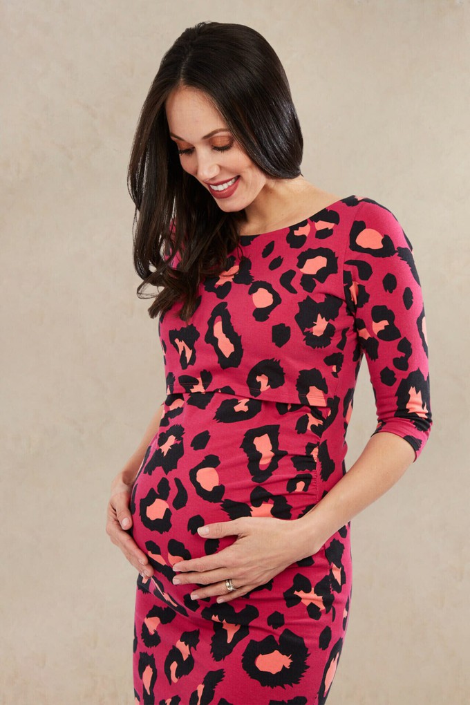 Audrey Raspberry Leopard Print Maternity and Nursing Dress from Tilbea London