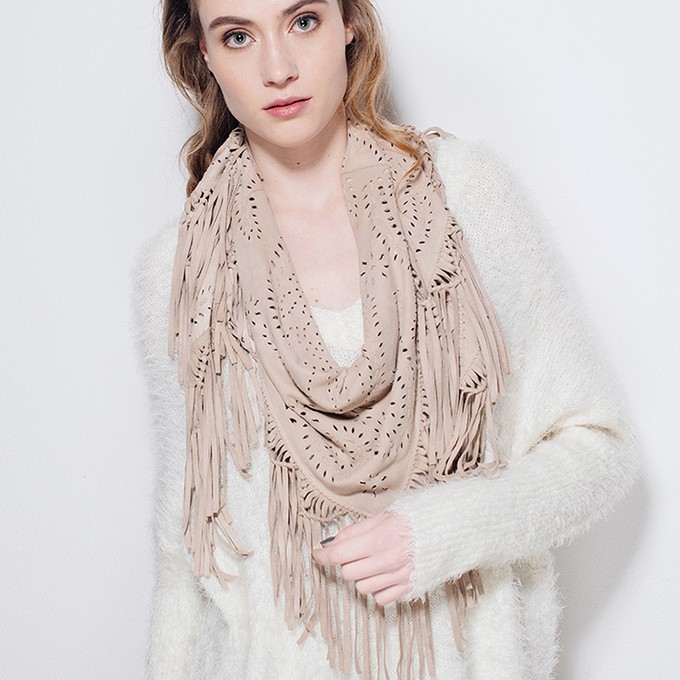 CHISTA FRINGE SHAWL - POWDER BEIGE from Treasures-Design