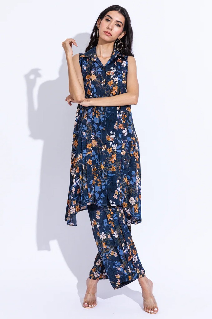 Pleated Floral Shirt Dress & Pants - Dark Blue from Urbankissed