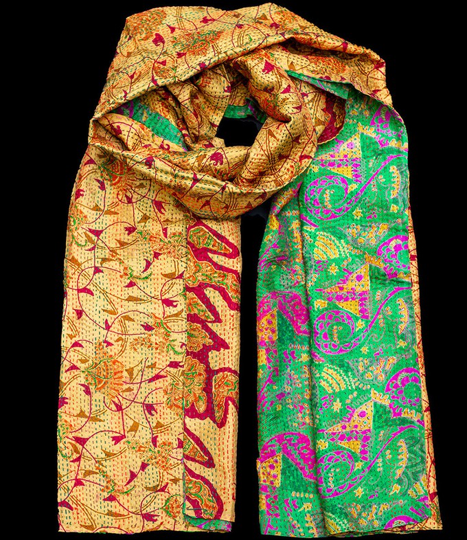 Kantha sjaal hergebruikte zijde Goudgeel-Groen from Via India