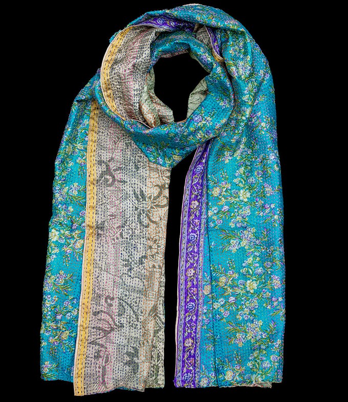 Kantha sjaal hergebruikte zijde Blue-Green from Via India