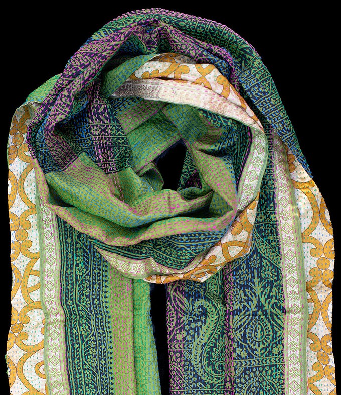 Kantha scarf recycled silk orange-green from Via India